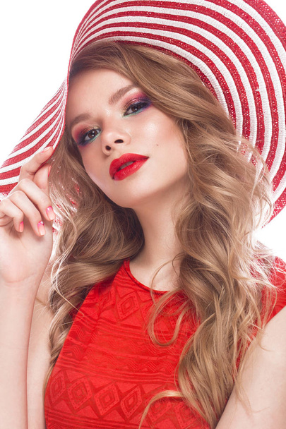 Bright cheerful girl in summer hat, colorful make-up, curls and pink manicure. Beauty face. - Fotografie, Obrázek