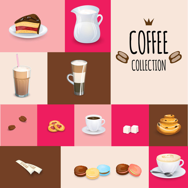 Set of tea drinks, sweets and bakery products - Вектор,изображение