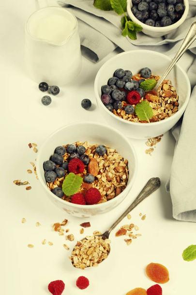 Healthy breakfast -  Homemade granola, honey, milk and berries - Fotografie, Obrázek