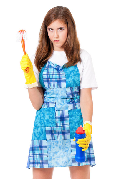 Dona de casa com suprimentos de limpeza
 - Foto, Imagem