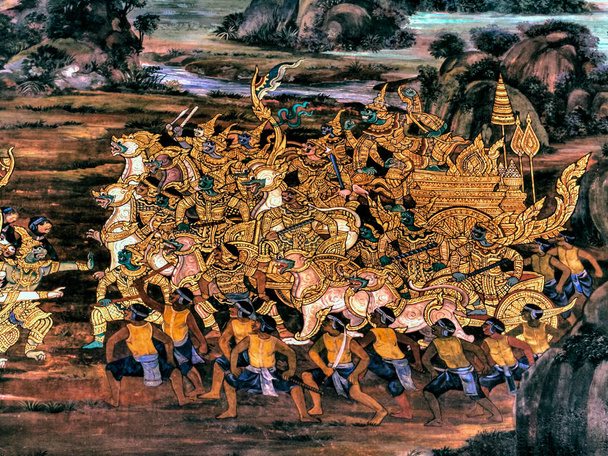 Scena dal Ramakien un Ramayana tailandese, capolavoro della pittura murale tradizionale al palazzo del re Wat Phra Kaew a Bangkok, Thailandia
 - Foto, immagini