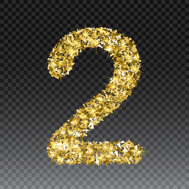 Gold glittering number two. Vector shining golden font figure lettering of sparkles on checkered background - Vector, Image