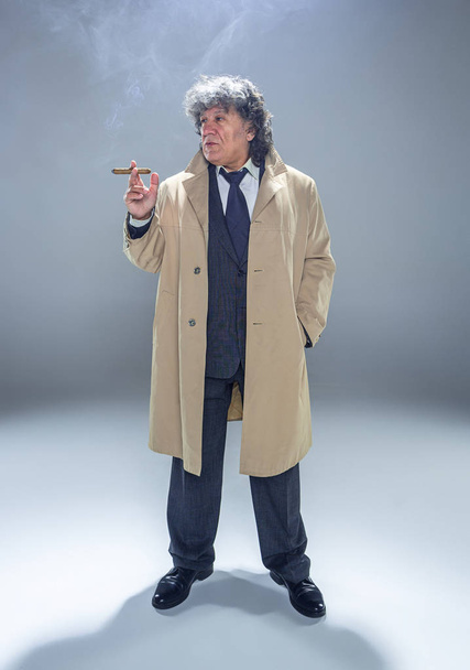 The senior man with cigar as detective or boss of mafia on gray studio background - Fotografie, Obrázek