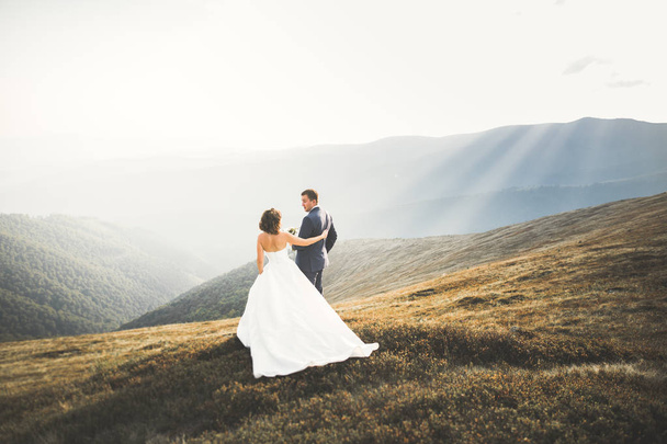 Happy wedding couple posing over beautiful landscape in the mountains - Foto, Imagen