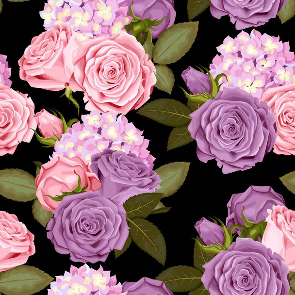 schöne Rosen und Hortensien nahtlos - Vektor, Bild