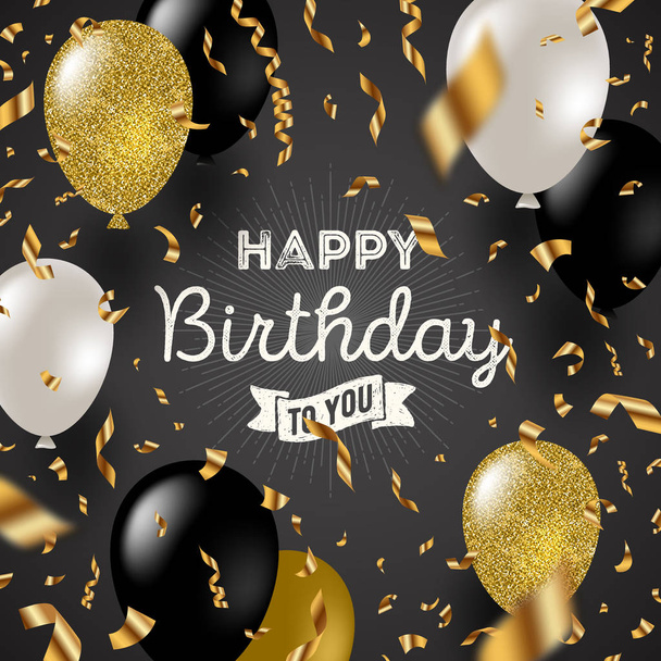 Happy birthday vector illustration - Golden foil confetti and black, white and glitter gold balloons. - Vector, imagen