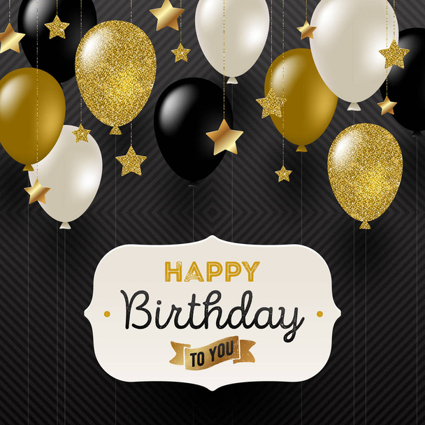 Vector illustration - Frame with birthday greeting , Golden stars and black, white and glitter gold balloons. - Διάνυσμα, εικόνα