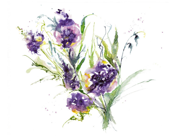Floral bouquet with bright purple flowers. Original watercolor painting. - Fotoğraf, Görsel
