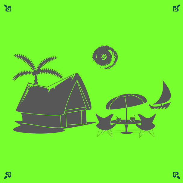 cabaña en la playa y una palmera
 - Vector, imagen
