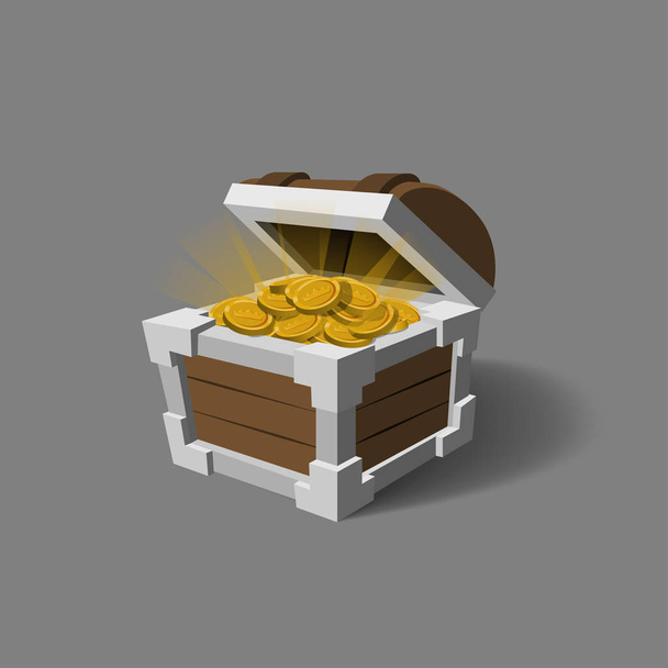 Chest with gold in a cartoon style. Pirate treasures. Box icon for game interface - Vetor, Imagem