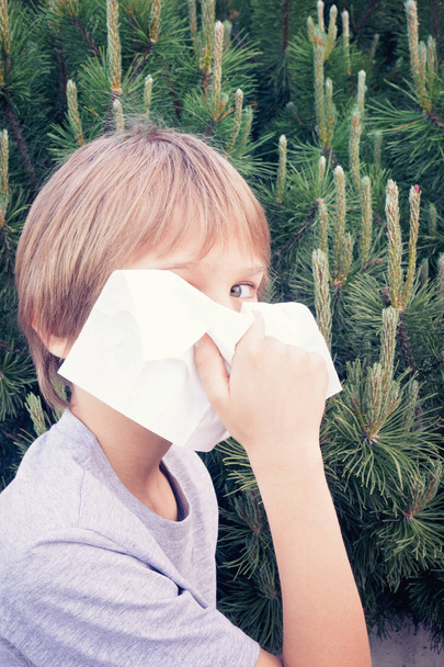 Niño sonándose la nariz con papel tisú en el parque
 - Foto, imagen