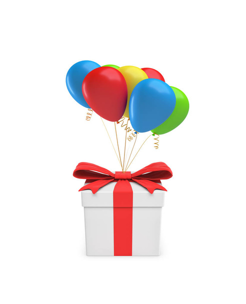 3d rendering of a closed white gift box with a red ribbon tied to several colorful balloons. - Фото, изображение
