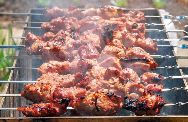 Shish kebab is gebakken boven een vuur met rook.  - Foto, afbeelding