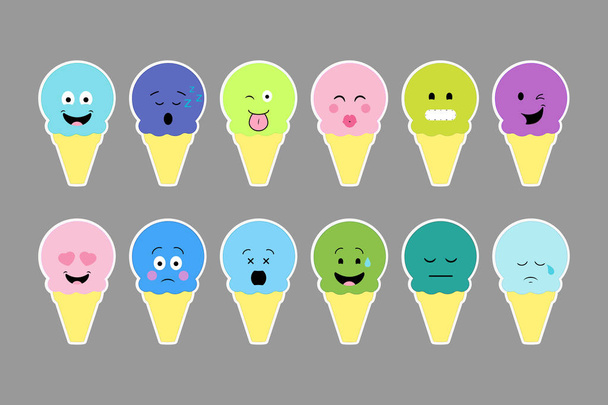 Set of ice cream, with color cream and different emotion face. - Vector, Image