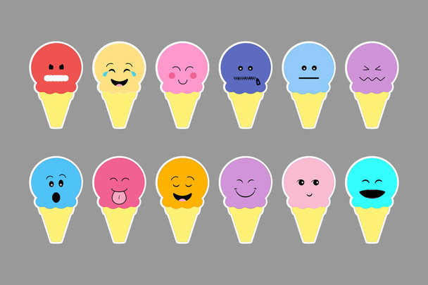 Set of ice cream, with color cream and different emotion face. - Vector, Image