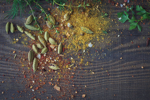 Mix of fresh herbs and spices assortment on wooden background.  - Fotoğraf, Görsel