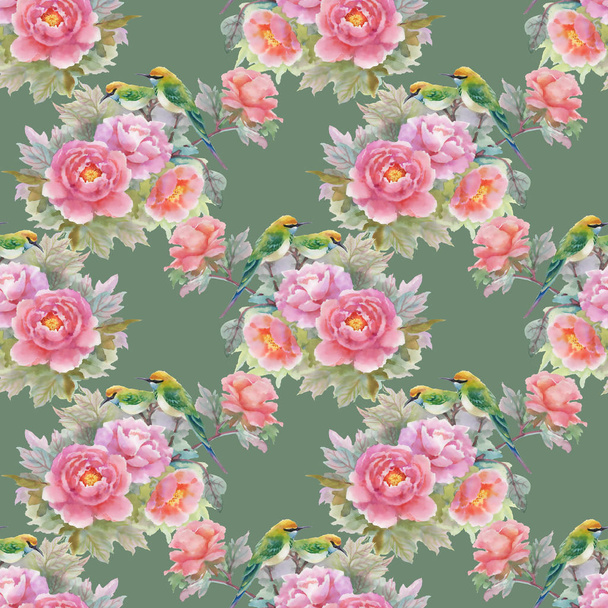 pattern with pink roses and birds - Photo, Image