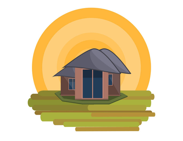 Mountain Side Summer Landscape With House and Shiny sun in Flat Design - Vektor, obrázek