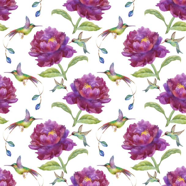 pattern with purple flowers and birds  - Фото, зображення