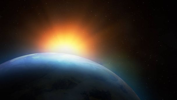 Ανατολή του ηλίου πάνω από τη γη. Φανταστική θέα του πλανήτη γη στο διάστημα με την Ανατολή του ήλιου. - Φωτογραφία, εικόνα