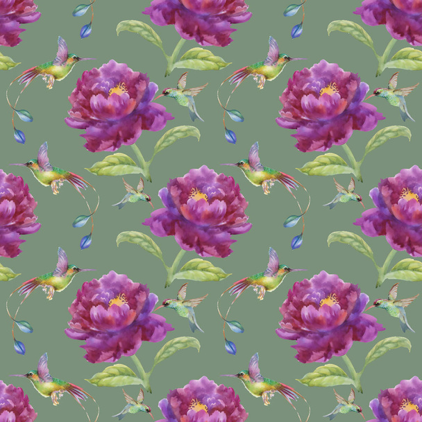 pattern with purple flowers and birds  - Фото, изображение