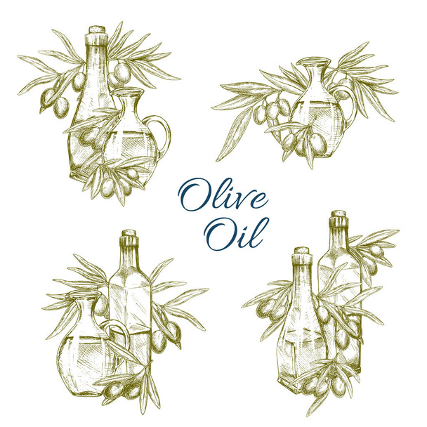 Olivový olej láhve vektorové skici ikony nastavit - Vektor, obrázek