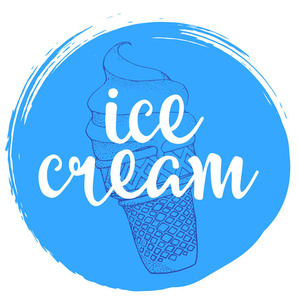 Rukou psané fráze zmrzliny na modrý kruh ručně kreslených pozadí s icecream. - Vektor, obrázek