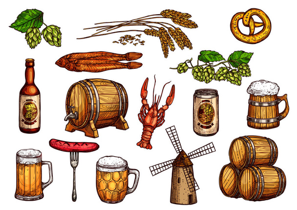 Vector schets iconen set van bier snacks en brouwerij - Vector, afbeelding