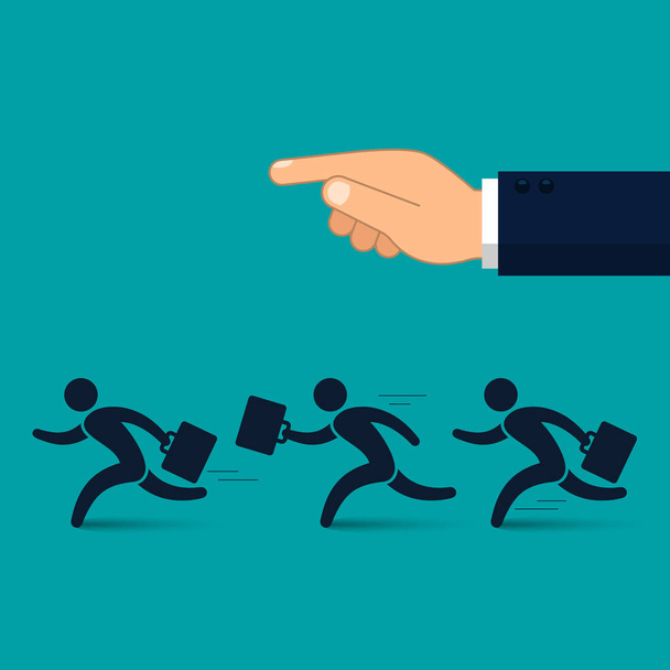 Group of businessman running in the same direction with big hand, vector business concept. - Vector, Image
