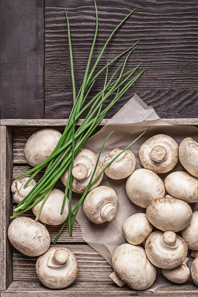 Mushrooms in the box, green onions. - Φωτογραφία, εικόνα