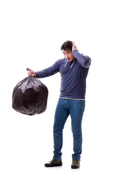 Man met vuilniszak geïsoleerd op wit - Foto, afbeelding