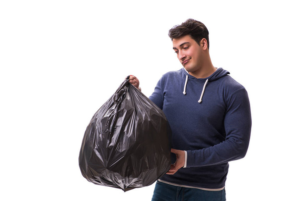 Чоловік зі сміттєвим мішком ізольований на білому
 - Фото, зображення