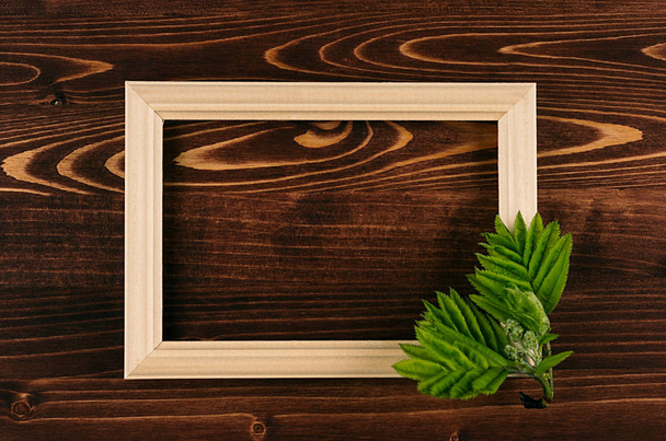Blank photo wood frame and young green leaves on vintage brown wooden board. Decorative summer background with copy space, top view. - Fotó, kép