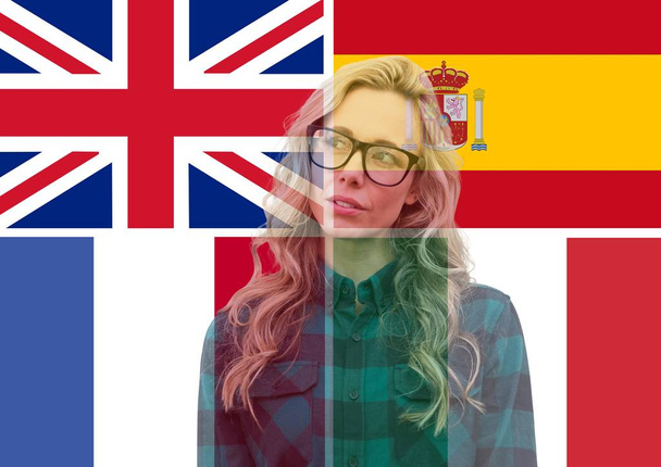 main language flags and young woman overlap - Foto, Bild