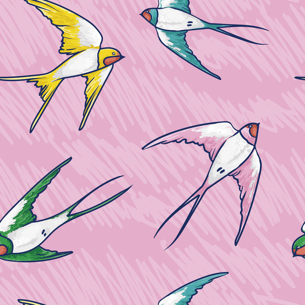 Seamless pattern with flying colorful swallows - Vector, Imagen