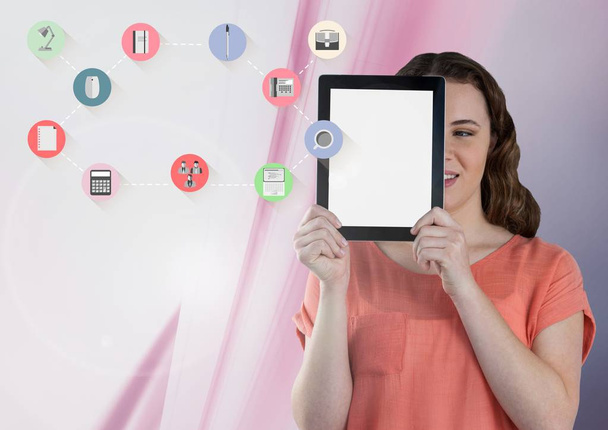 Woman holding tablet with apps - Foto, afbeelding
