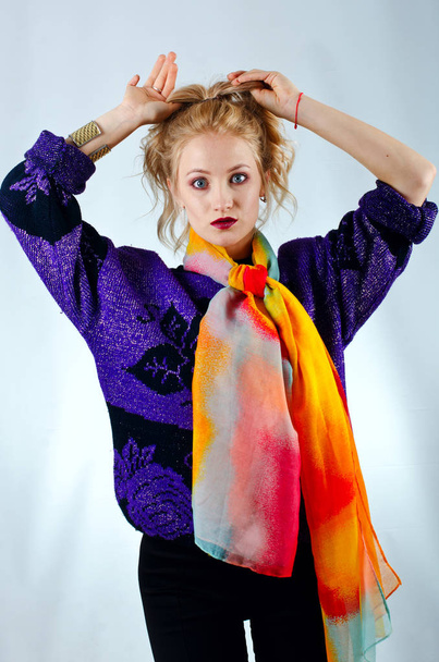 beautiful girl in colorful scarf - Фото, изображение