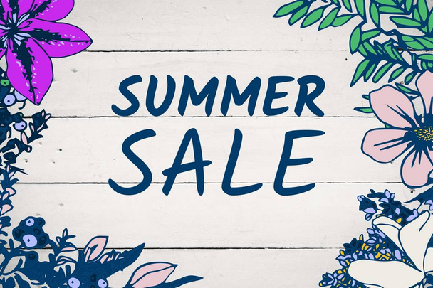 Blue summer sale text and floral frame against white wood panel - 写真・画像