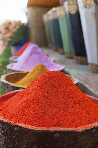 Natural dyes, colorful and vibrant pigment powders in wooden pots - Photo, Image