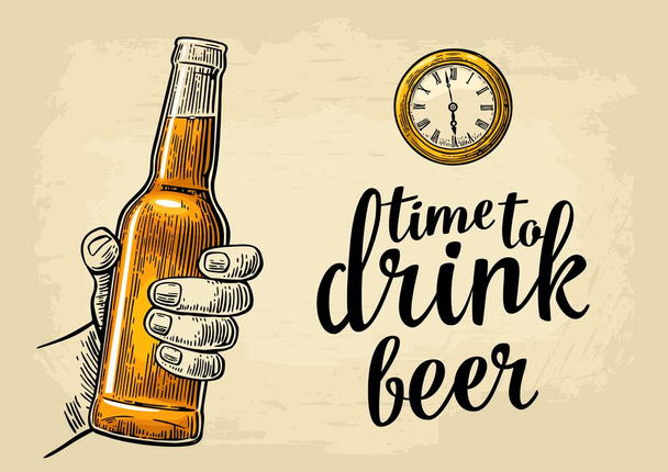 Male hand holding bottle beer and antique pocket watch. - Vector, Image