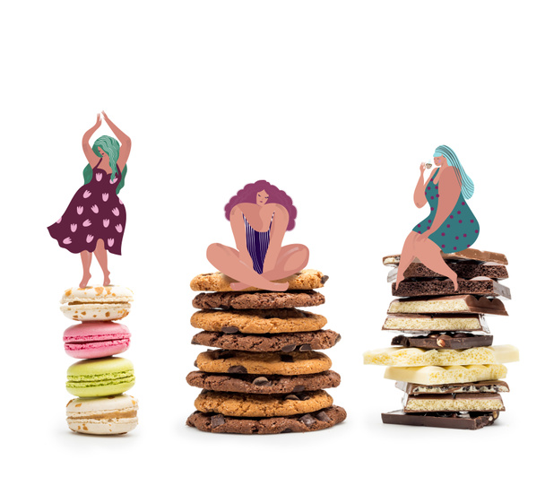 fat women on piles of sweets  - Photo, Image