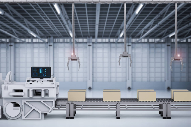 Roboterarme mit Kisten am Band in der Fabrik - Foto, Bild