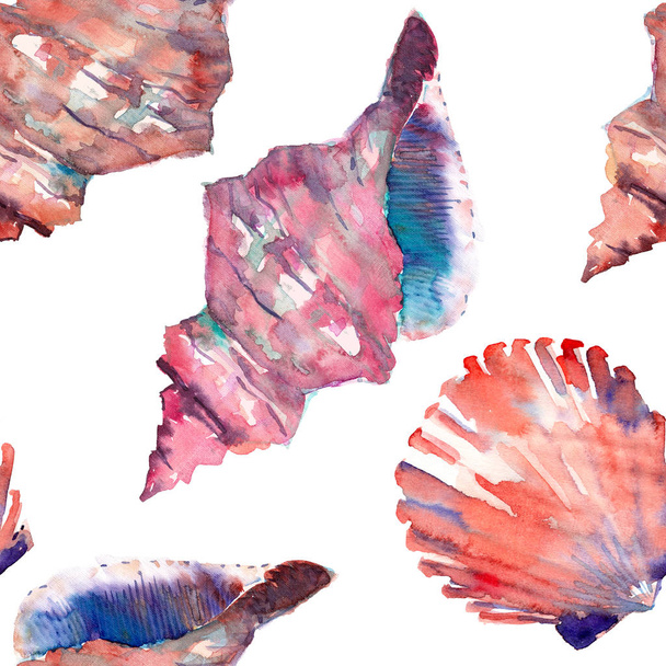 Bright cute graphic lovely beautiful wonderful summer fresh marine beach colorful seashells and starfishes pattern watercolor hand illustration. Perfect for greeting card, textile design - Foto, Imagen