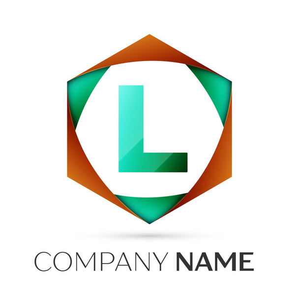 Kirjain L vektori logo symboli värikäs kuusikulmainen harmaalla pohjalla. Suunnittelusi vektorimalli
 - Vektori, kuva