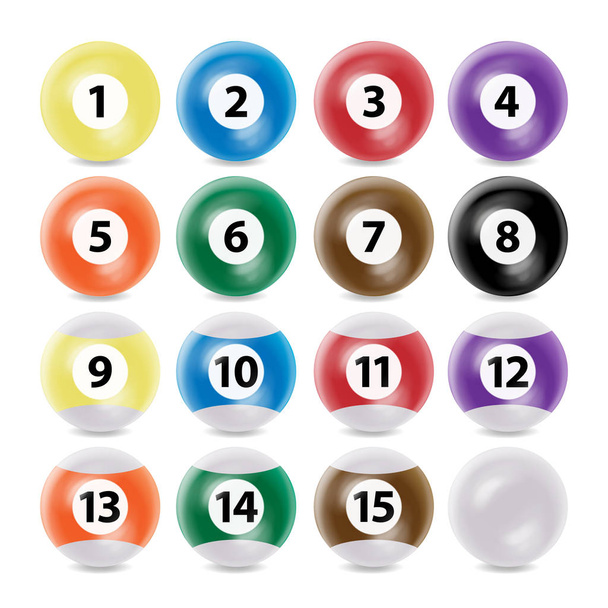Conjunto de bolas de bilhar Vector Realista. Cores comumente usadas. Olhar tridimensional e realista, isolado
 - Vetor, Imagem