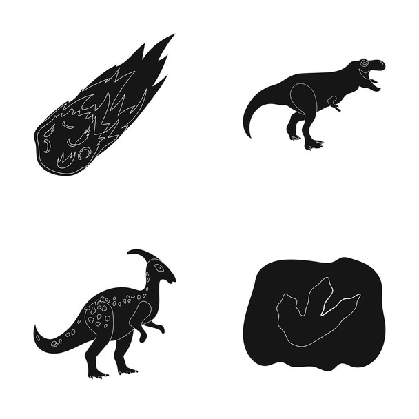 A falling meteorite,parasaurolophus, tyrannosaurus, an imprint of a dinosaurs foot. The dinosaur and prehistoric period set collection icons in black style vector symbol stock illustration web. - Vettoriali, immagini