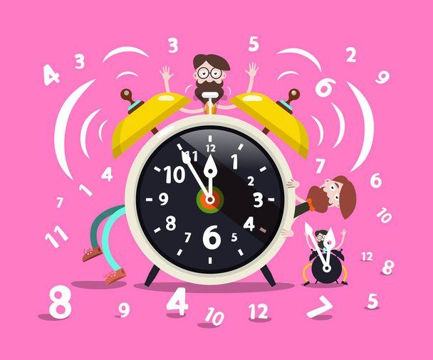 Ringing Alarm Clock Cartoon with Hipster Men and Numbers on Pink Background - Vector, Image