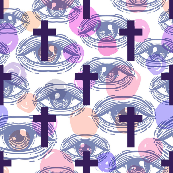 Eyes, seamless pattern in vintage psychedelic style. Ethnic back - Vector, Image