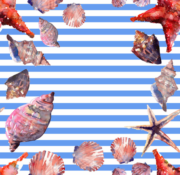 Bright cute graphic lovely beautiful wonderful summer fresh marine beach colorful seashells and starfishes on white blue stripes background frame watercolor hand illustration. Perfect for greeting card, textile design - Foto, Bild
