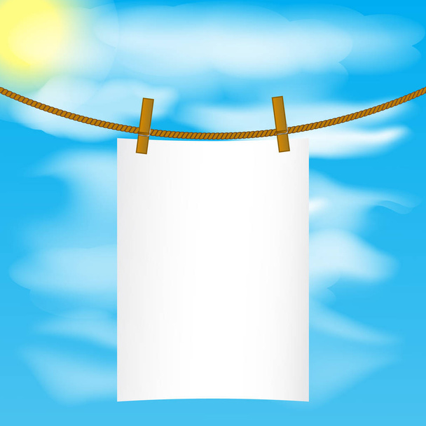 Papírové mock-up visí na laně s dřevem piny na obloze na pozadí - Vektor, obrázek
